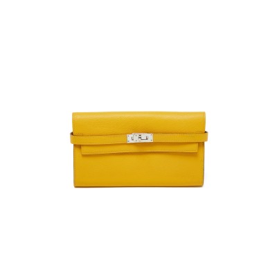 HERMES JAUNE EPSOM LEATHER KELLY LONGUE WALLET PALLADIUM HARDWARE (20*12*2cm)
